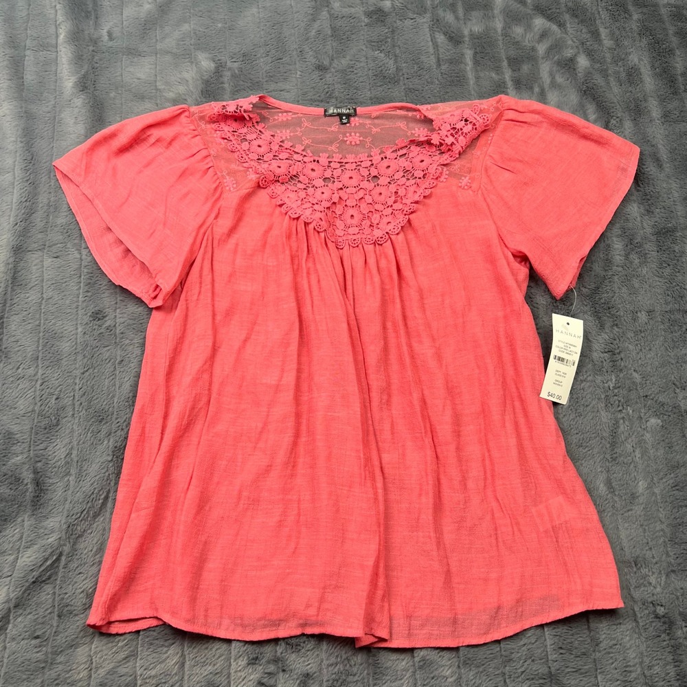 Hannah Coral Pink Lace Yoke Short Sleeve Blouse Top M7068596H Womens Medium